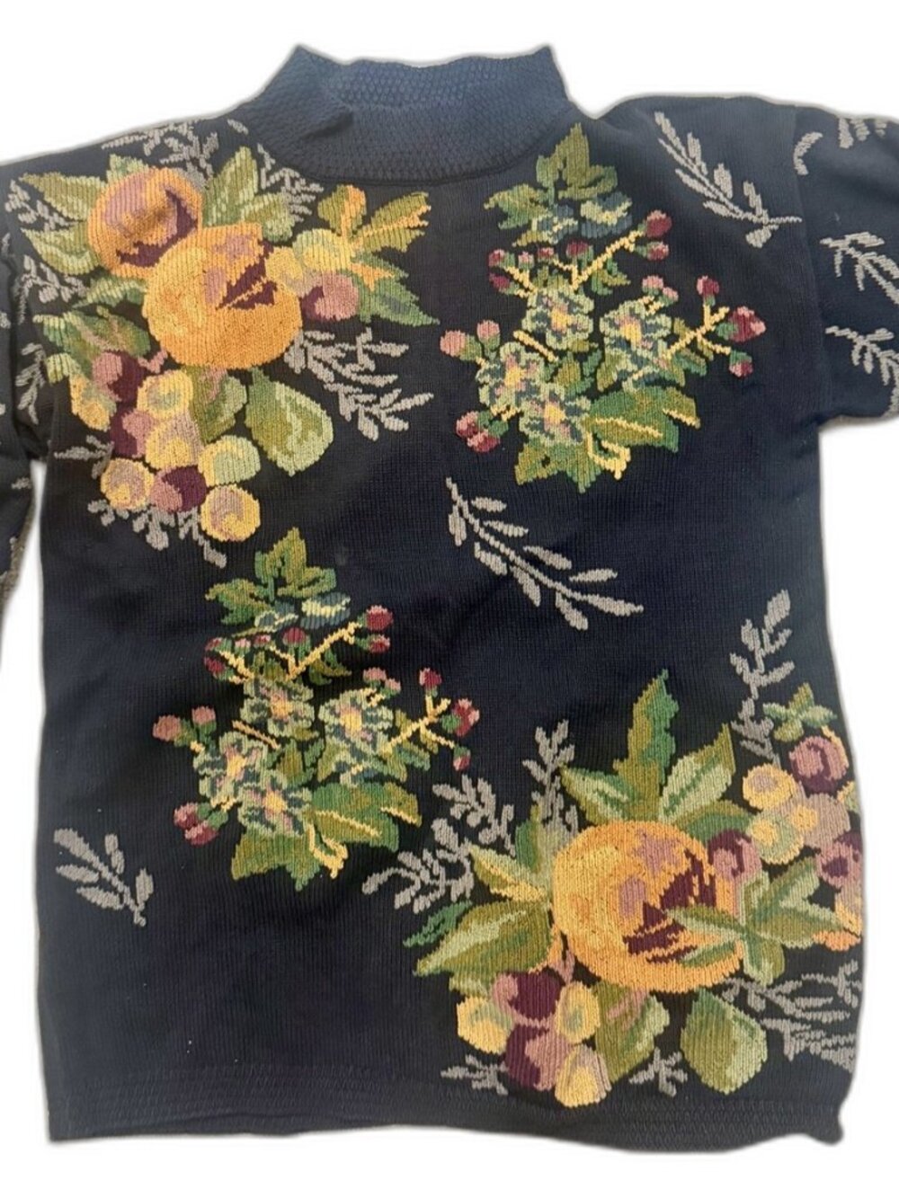 Lands' End Vintage Tapestry Floral Sweater Women's S Mock Neck Black